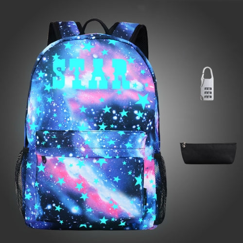 Starry Sky Luminous Backpack Oxford Cloth Printed Backpack With Pen Case And Anti-Theft Lock, Specification:, Colour:Star Blue Star
