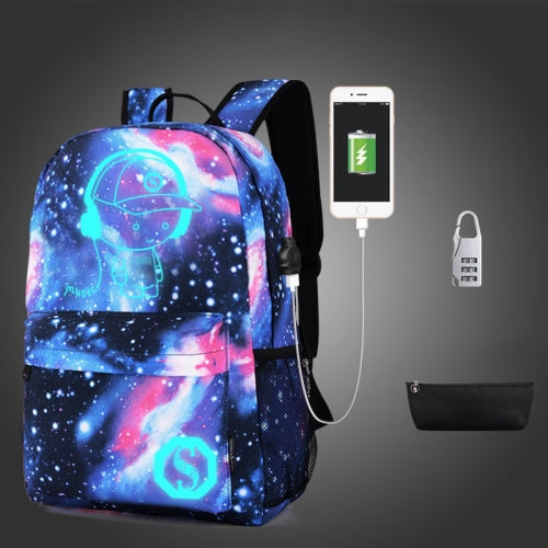Starry Sky Luminous Backpack Oxford Cloth Printed Backpack With Pen Case And Anti-Theft Lock, Specification:, Colour:Star Blue Music Kid (USB)