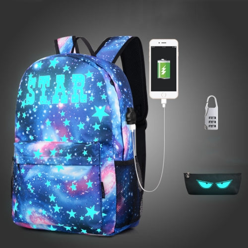 Starry Sky Luminous Backpack Oxford Cloth Printed Backpack With Pen Case And Anti-Theft Lock, Specification:, Colour:Star Blue STAR (USB)