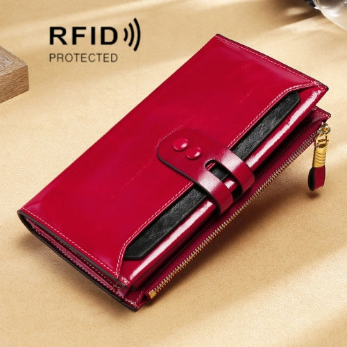 Leather Lady Wallet Multi-Card Slot Retro Oil Wax Leather Wallet Long Type RFID Anti-Theft Brush Clutch(Wine Red)