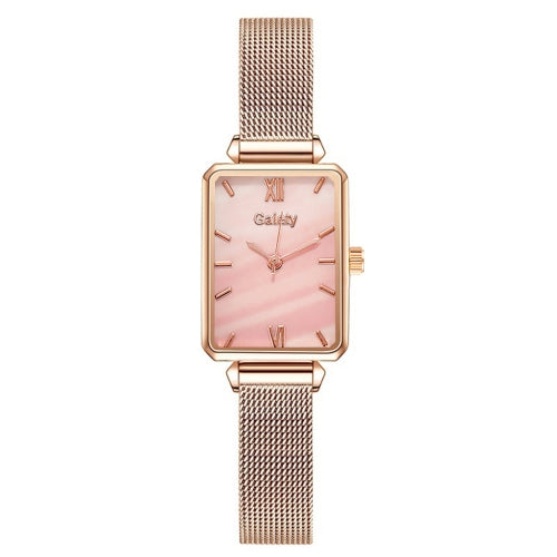 GAIETY G690 Retractable Magnet Buckle Ladies Mesh Belt Small Square Dial Bracelet Watch(Rose Gold Pink Dial)