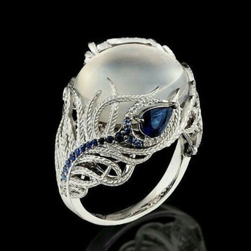 Vintage Silver Hollow Natural Opal Rings Feather Pattern Rings for Women Jewelry, Ring Size:10