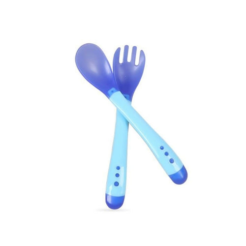 2 Set Baby Silicon Spoon Safety Temperature Sensing Baby Flatware Feeding Spoon(Blue)
