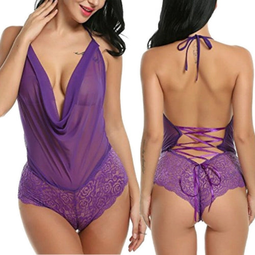 3 PCS Lace Siamese Sexy Lingerie Erotic Underwear, Size:M(Purple)