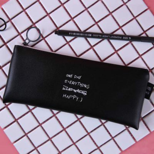 Simple Solid Color Personality Leather Pen Box Student Creative Zipper Stationery Pencil Bag, Style:Letter(Black)