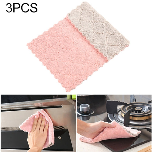 3 PCS Household Kitchen Towels Absorbent Thicker Double-layer Microfiber Wipe Table Kitchen Towel Cleaning Dish Washing Cloth(Pink Coffe)