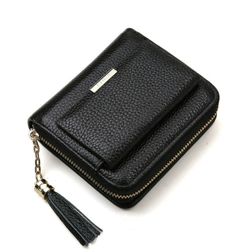 Short Zippered Leather Folding Wallet Tassel Coin Purse(Black)