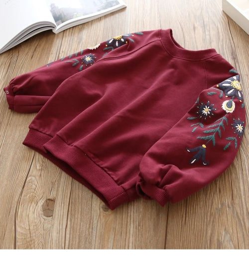 Spring and Autumn Baby Round Neck Embroidered Long Sleeve Top Sweatshirt, Height:140cm(Wine Red)