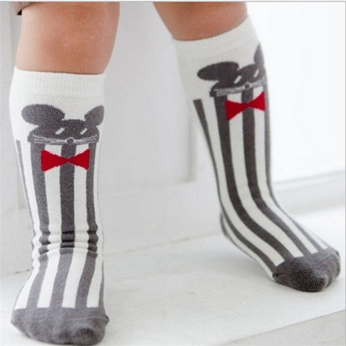 3 Pairs Animal Pattern Baby Anti-slip High Knee Sock, Size:M(Bow Tie Mouse)
