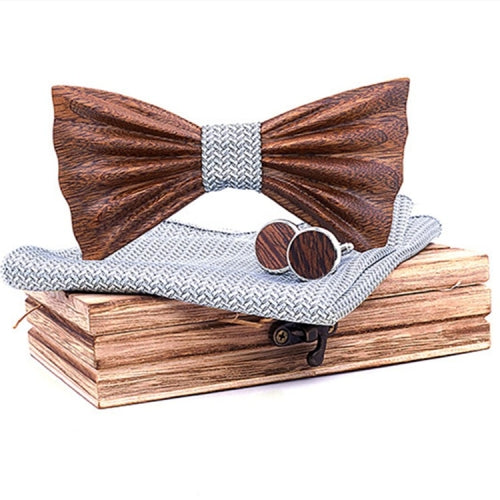 4 in 1 Men 3D Emboss Wood Bow-knot + Pocket Square Towel + Wood Box + 2 Cufflinks Set(T248-C1)