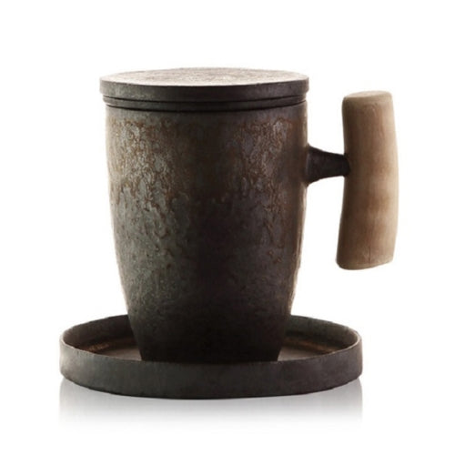 Gilt Glazed Wooden Handle Filter Tea Cup, Style:007 Wooden Handle Three-piece Set + Small Disc