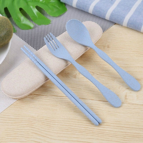 Children Spoon Fork Chopsticks Portable Three-Piece Set(Blue)