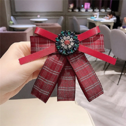 Women Fresh Plaid Bow Tie Diamond Bow-knot Brooch Shirt Accessories(Red)