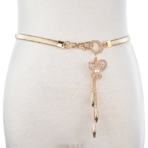 Women Thin Belt Metal Rhinestone Decorative Waist Chain, Length:68cm, Style:One Pearl Butterfly Pendant