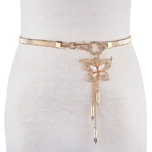 Women Thin Belt Metal Rhinestone Decorative Waist Chain, Length:75cm, Style:Four Pearls Pendant