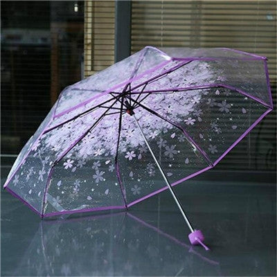 2 PCS Cherry Blossom Transparent Triple-fold Umbrella Individual Folding Umbrella(Purple)