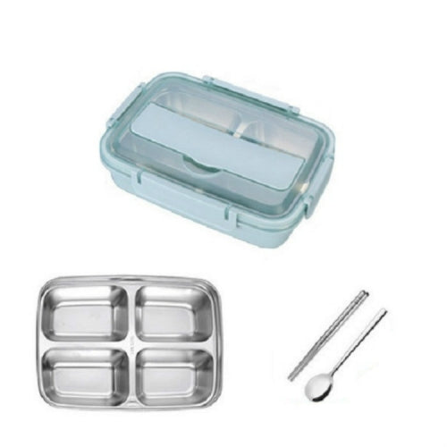 SSGP Office Lunch Box Compartment Lunch Box Student Children Portable Lunch Box, 4 Grid with Chopsticks Spoon (Blue)