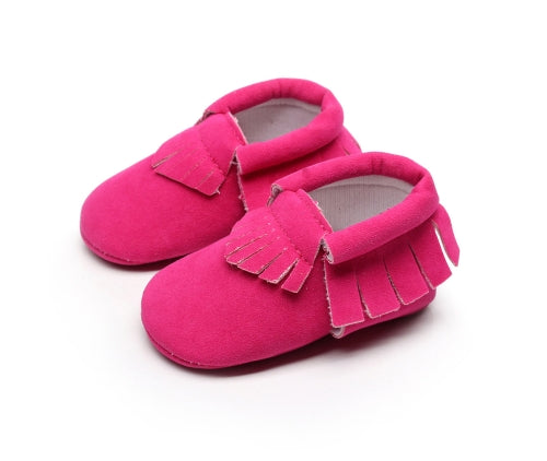 Newborn Baby PU Suede Moccasins Soft Shoes Fringe Soft Soled Shoes First Walker, Length: 10.5(Rose red)