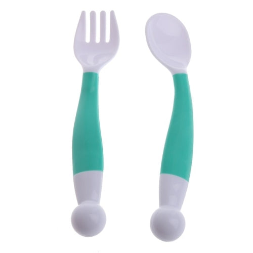 Flexible Baby Spoon Fork Set Adjustable Children Learning Dishes Tableware(Green )