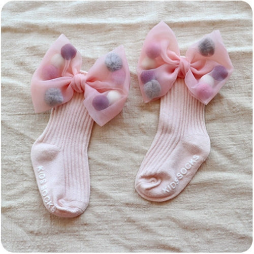 Autumn and Winter Cute Hair Ball Big Bow Baby Cotton Socks, Size:2 to 4 Years Old(Pink)