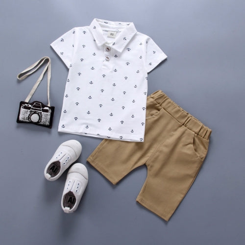 Boy Print Polo Shirt + Shorts Set, Size:120cm(White)