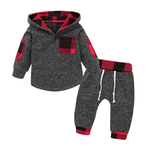 Hoodies Toddler Plaid Hooded Tops Long Pants Kids Set, Kid Size:90cm(Dark Grey)