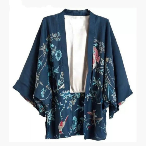 Autumn Women Phoenix Pattern Print Loose Kimono Jacket, Size:L (As Show)