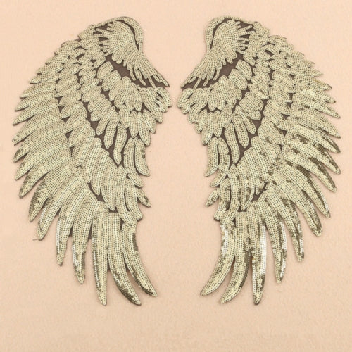 Gold A Pair Sequin Feather Wing Shape Clothing Patch Sticker DIY Clothing Accessories, Size:Small 20.5 x 10cm