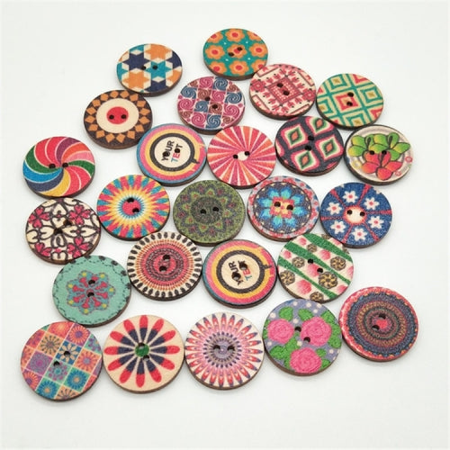 100 PCS Two-hole Round Printed Wooden Buttons DIY Clothing Buttons, Size:15 mm(Random Color Delivery)