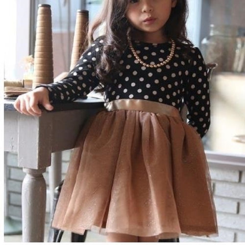 Dot Pattern Long Sleeve Dress Tutu Child Girl Party Costume, Height:110cm(Black Shirt+ Gold Skirt)
