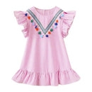 3 PCS Girls Neckline Tassel Vertical Stripes Ruffled Dress, Height:110cm(Pink)
