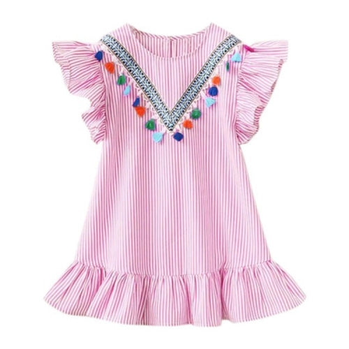 3 PCS Girls Neckline Tassel Vertical Stripes Ruffled Dress, Height:140cm(Pink)