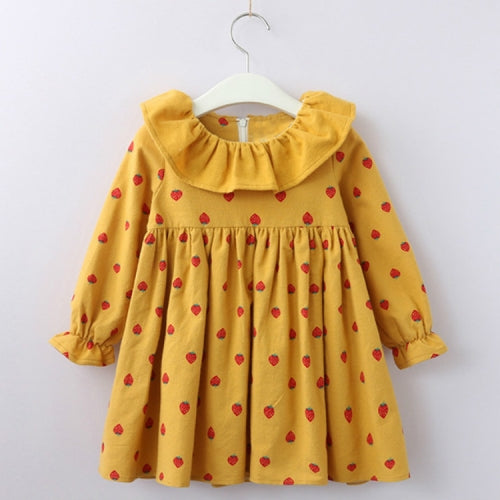 Girls Print Long Horned Sleeve Dress Princess Dress 130cm(Yellow Dots)