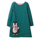 Girls Cartoon Penguin Pattern Long Sleeve Cotton Dress Orincess Dress, Kid Size:2T(Green)