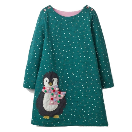 Girls Cartoon Penguin Pattern Long Sleeve Cotton Dress Orincess Dress, Kid Size:2T(Green)