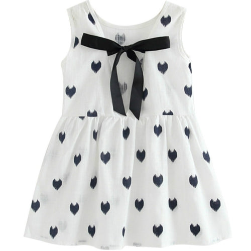Girls Cotton Linen Love-heart Pattern Lace-up Dress(White)