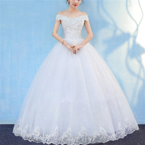 Retro Elegant Off Shoulder LaceThin Court Neat Princess Wedding Dress, Size:S(White)