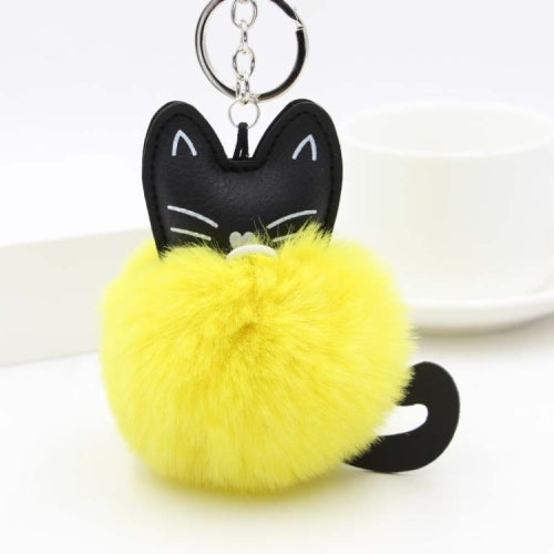 Fluffy Rabbit Fur Ball Cat Head Doll Toy Pompom Plush Keychains(Coffee)