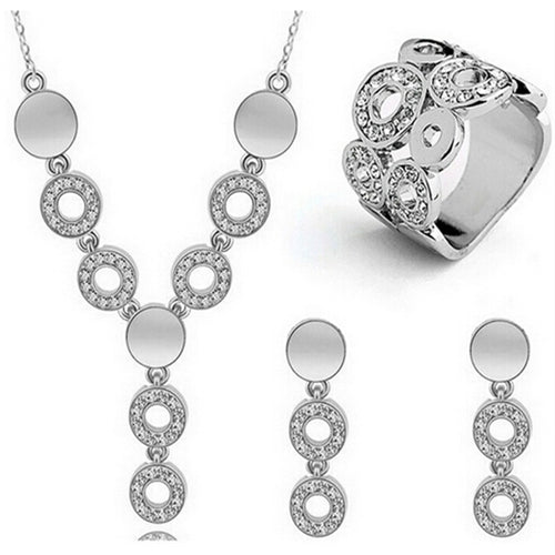 Fashion Crystal Women Circle Rhinestone Necklace Earrings Ring Set(Silver)