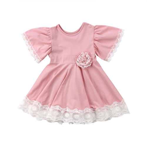 Girls Lace Princess Dress Trumpet Sleeve Three-dimensional Flower Dress, Kid size:120cm(Pink)