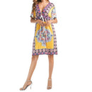 Women V-neck Milk Silk Bohemian Print Long Skirt Beach Dress, Size:One Size(Yellow)