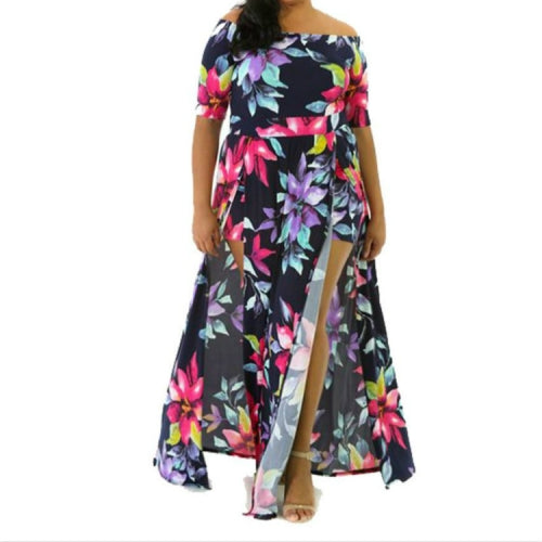 Digital Printed One-piece Split Dress, Size:L(Navy Blue)