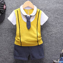 3 in 1 Children Cotton Formal Short Sleeve Top + Vertical Stripe Shorts + Tie Set, Kid Size:100cm(Yellow)