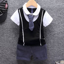 3 in 1 Children Cotton Formal Short Sleeve Top + Vertical Stripe Shorts + Tie Set, Kid Size:130cm(Black)