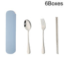 6 Boxes Stainless Steel Tableware Creative Portable Student Spoon Chopsticks Tableware Set, Style:3 PCS / Set(Blue)