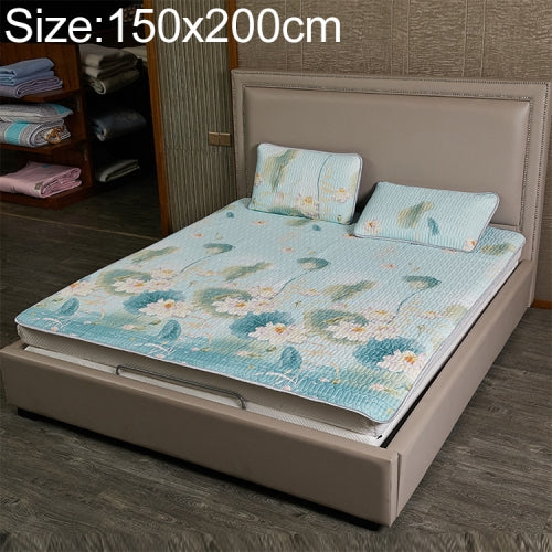 Foldable Natural Latex Soft Mat Ice Silk Fabric Sleeping Mat Pillowcase, Size:150x200cm(1xMat,2xPillowcase))(Moonlight in the Lotus Pond)