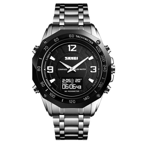 SKMEI 1464 Multifunctional Men Outdoor Business Sports Waterproof Steel Strap Double Display Digital Watch(Silver)