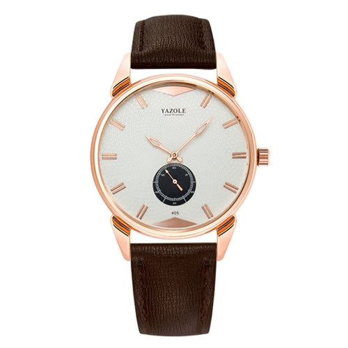 YAZOLE 405 Men Fashion Business PU Leather Band Quartz Wrist Watch, Luminous Points (White Dial + Brown Strap)