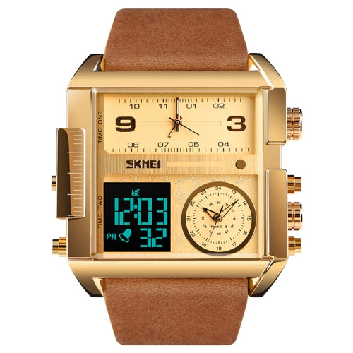 SKMEI 1391 Multifunctional Men Business Digital Watch 30m Waterproof Square Dial Wrist Watch with Leather Watchband(Gold)