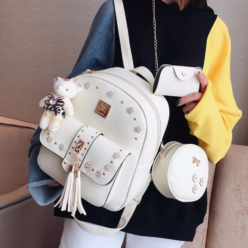 3 in 1 Plum Diamond PU Leather Double Shoulders School Bag Travel Backpack Bag with Bear Doll Pendant (White)